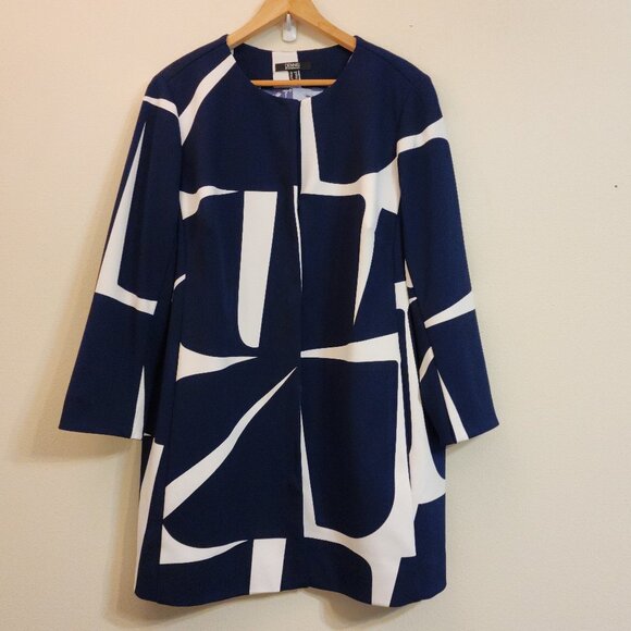 Dennis Basso Luxe Crepe Printed Snap-Front Topper Coat Navy White Women 20W CHic - Picture 1 of 16